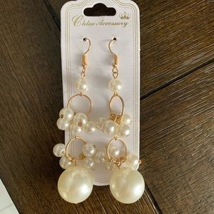 New Long Gold Faux Pearl Bauble Earrings